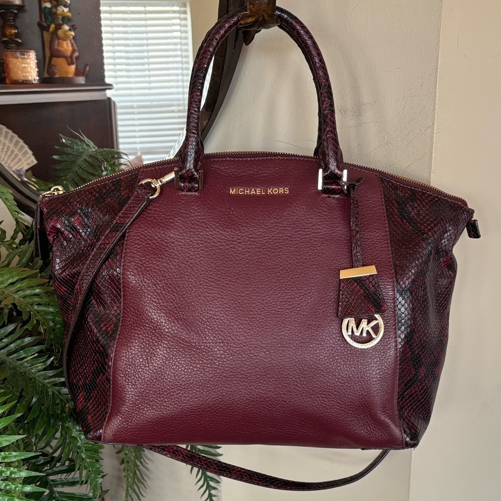 Michael Kors Genuine Leather Riley Satchel Handbag Merlot Python Snakeskin